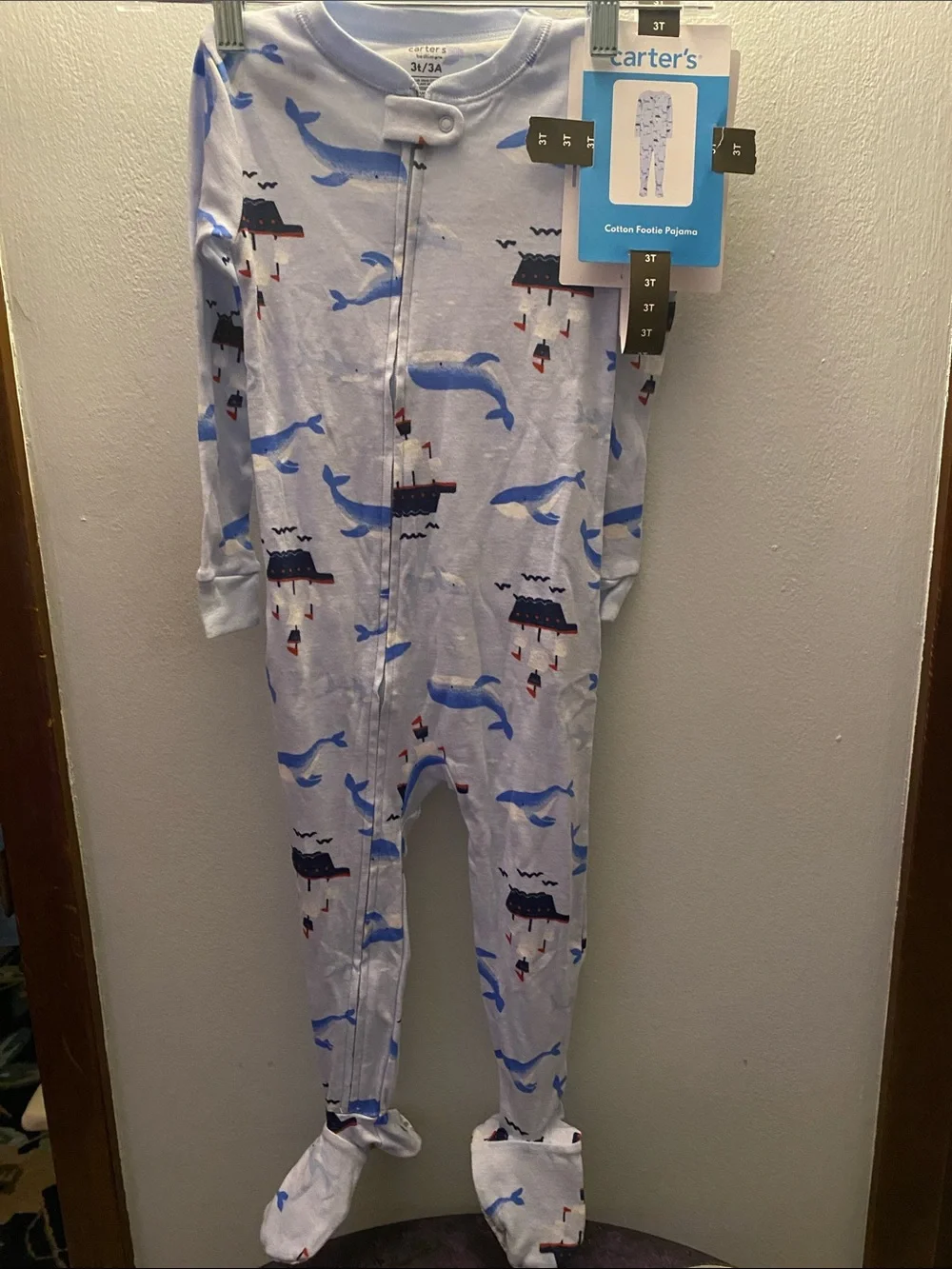 Carter's Light Blue Whale & Boat Cotton Footed One-Piece Pajamas